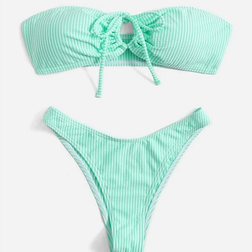 Sexy High Waist Bandeau Mint Striped Bikini✨️ - Picture 7 of 12